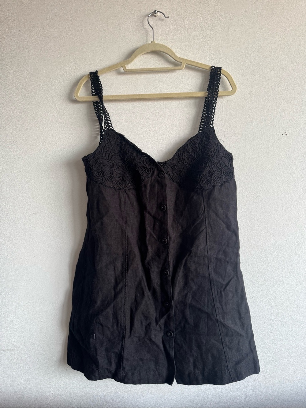 Black Lace-Trim Button-Front Linen Dress Size Medium (Could fit Large)